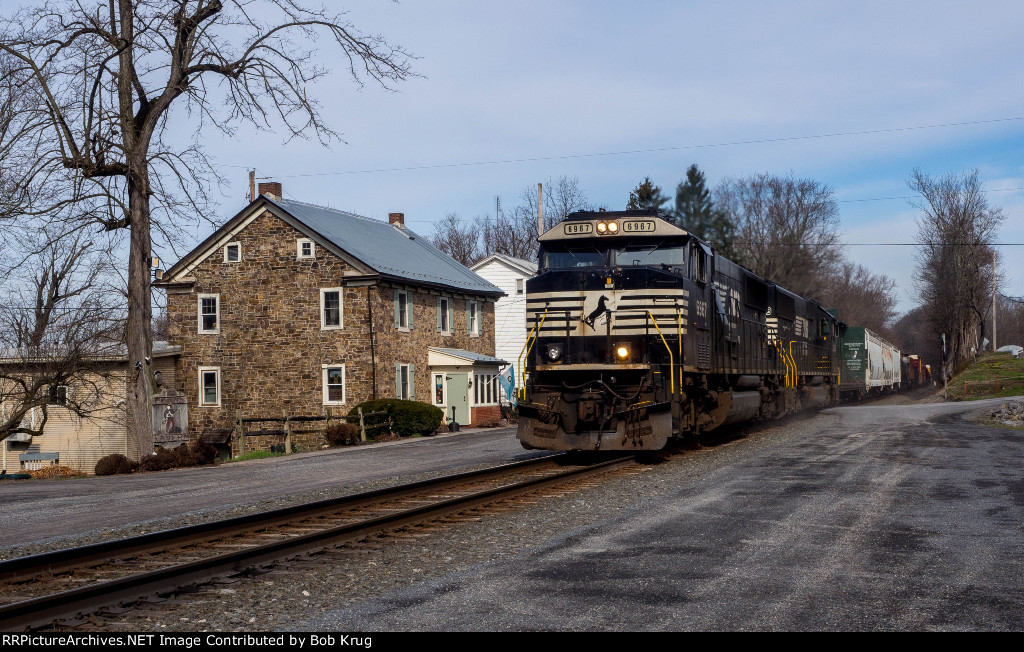NS 6967 leading manifest freight southbound through Fisher's Ferry, PA